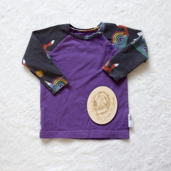PRE-LOVED; RE-LOVED 3-6m Long Sleeved Raglan T with Poppered Neckline EUC Mountains & Mushrooms/Purple