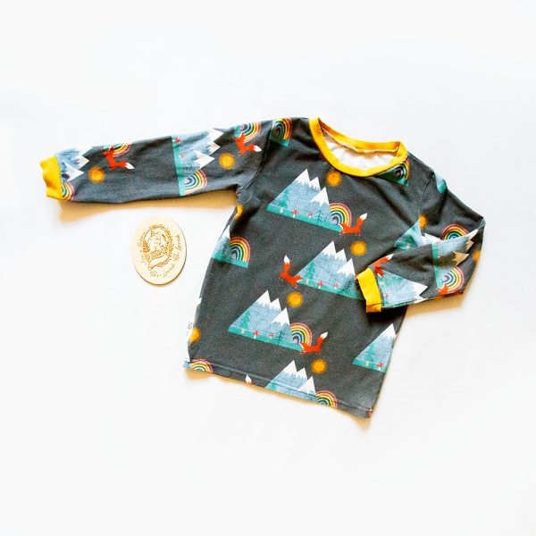PRE-LOVED; RE-LOVED Age 4 Long Sleeved T Shirt GUC Moutains & Mushrooms/Mustard