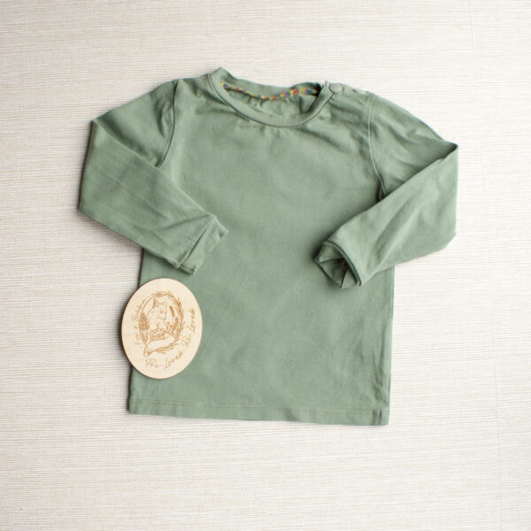 PRE-LOVED; RE-LOVED Age 1 Co-Ordinate Long Sleeve T Shirt EUC Olive Green with Poppered Neck Add-On