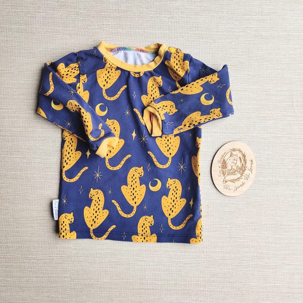 PRE-LOVED; RE-LOVED Age 1 Long Sleeve T Shirt EUC Leopards/Yellow with Poppered Neck Add-On