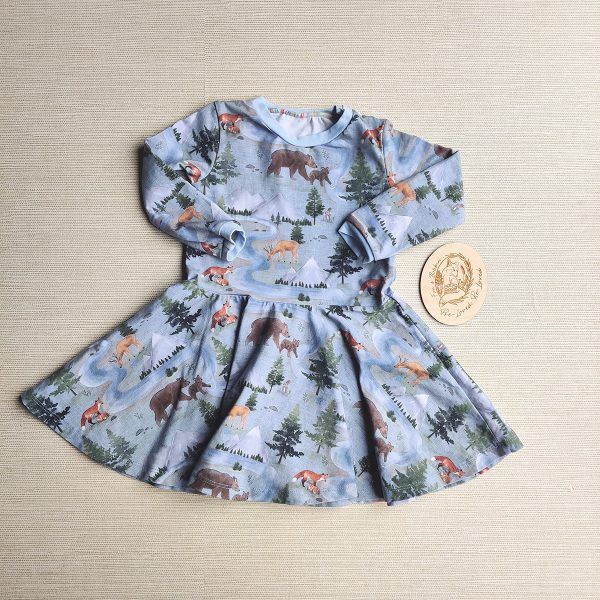 PRE-LOVED; RE-LOVED Age 1 Long Sleeved Skater Dress EUC Down by the River/Baby Blue with Poppered Neckline Add-On