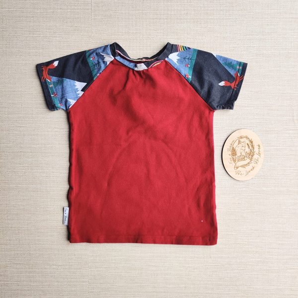 PRE-LOVED; RE-LOVED Age 2 Short Sleeved Raglan T Shirt GUC Mountains & Mushrooms/Wine Red