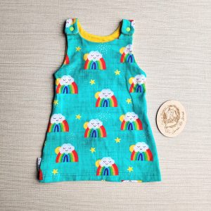 PRE-LOVED; RE-LOVED 6-12m Dungaree Dress EUC Every Cloud/Yellow