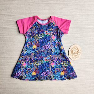 PRE-LOVED; RE-LOVED 6-12m Short Sleeved Raglan Dress EUC Rainbow Jungle/Fuschia Pink with Poppered Neckline Add-On