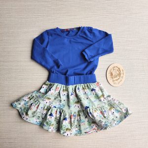 PRE-LOVED; RE-LOVED 6-12m SET - Long Sleeve T and Tiered Skirt EUC Cottages/Royal Blue with Poppered Neckline Add-On