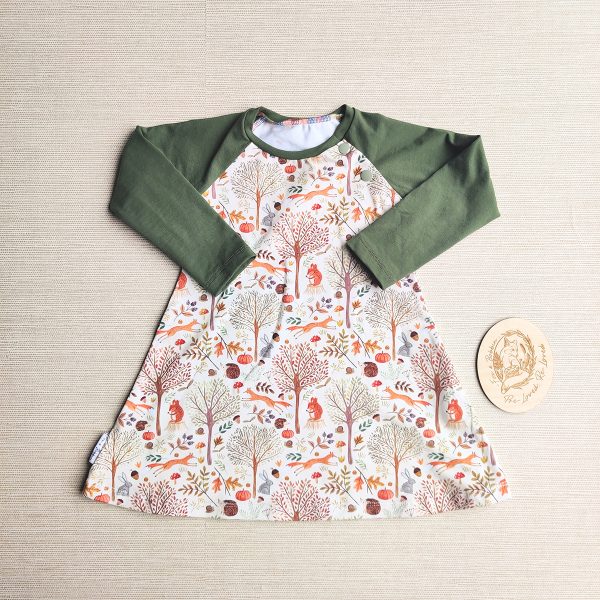 PRE-LOVED; RE-LOVED Age 1 Long Sleeve Raglan Dress SAMPLE SALE Woodland Wander/Khaki Green with Popper Neckline Add-On
