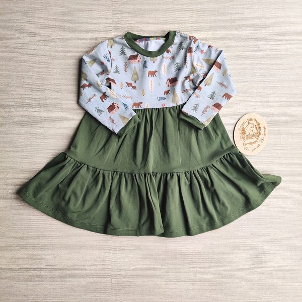 PRE-LOVED; RE-LOVED Age 1 Long Sleeve Tiered Dress SAMPLE SALE Scandi Bear/Khaki Green with Popper Neckline Add-On