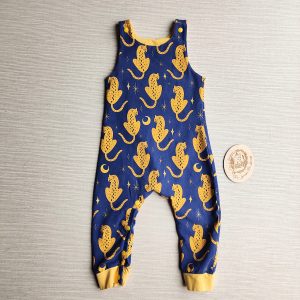 PRE-LOVED; RE-LOVED Age 1 Dungaree Romper GUC Leopards/Yellow with Popper Crotch Add-On