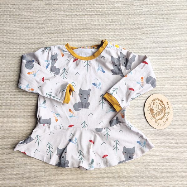 PRE-LOVED; RE-LOVED Age 1 Long Sleeved Peplum T Shirt GUC Winter Wolf/Mustard Yellow with Poppered Neckline Add-On