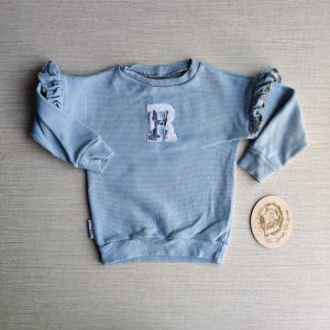 PRE-LOVED; RE-LOVED Age 2 Varsity Waffle Sweater EUC Sea Green/Winter Wolf "R" with Frills