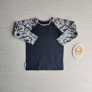 PRE-LOVED; RE-LOVED Age 1 Long Sleeve Raglan T Shirt EUC Woodlandala/Black with Poppered Neckline