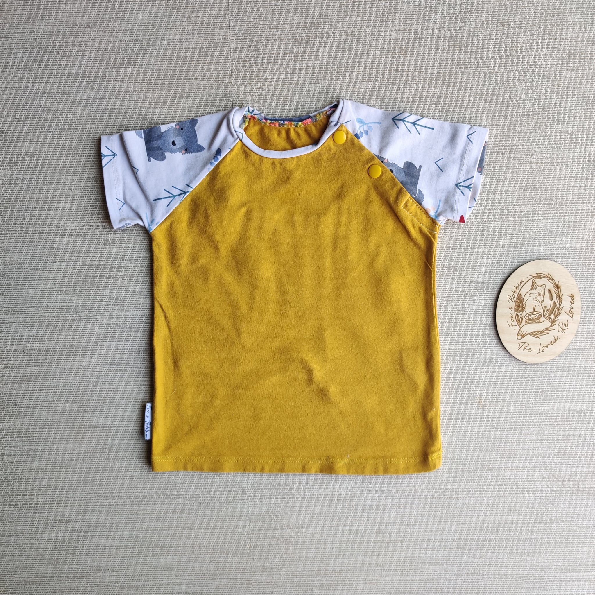 PRE-LOVED; RE-LOVED Age 1 Raglan T Shirt GUC Winter Wolf/Mustard with Poppered Neckline