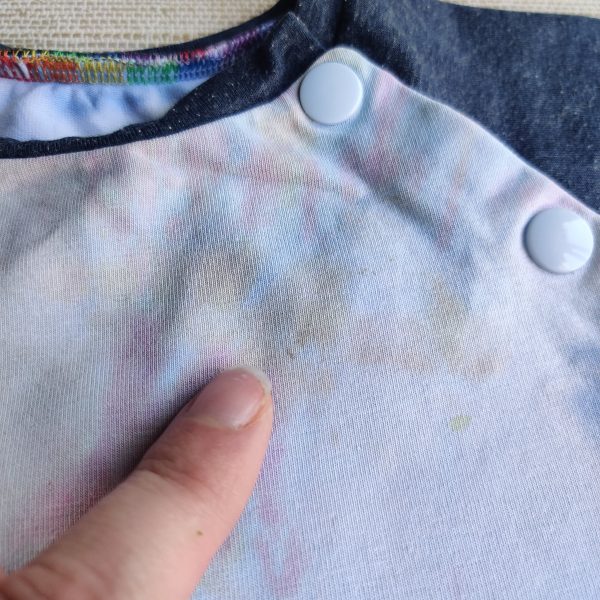 PRE-LOVED; RE-LOVED Age 2 Long Sleeve Raglan Dress GUC Custom Tie Dye/Denim with Poppered Neckline - Image 3