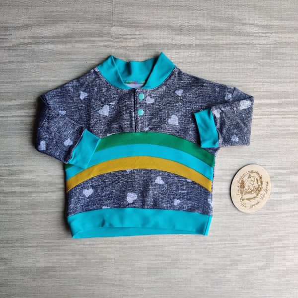 PRE-LOVED; RE-LOVED Age 1 Rainbow Sweater EUC Grey Hearts/Turquoise with Poppered Neckline