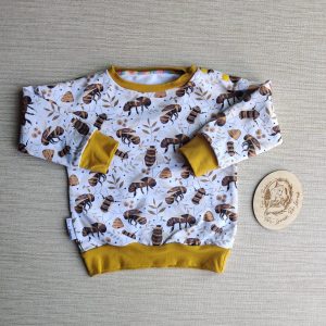 PRE-LOVED; RE-LOVED Age 1 French Terry Sweater SAMPLE SALE Buzzy Bees/Ochre with Poppered Neckline