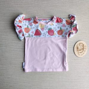 PRE-LOVED; RE-LOVED Age 1 Colour Block Frilly Dolman T Shirt GUC Fresh Fruits/Baby Pink with Poppered Neckline