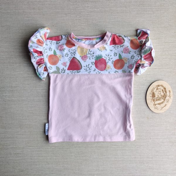 PRE-LOVED; RE-LOVED Age 1 Colour Block Frilly Dolman T Shirt GUC Fresh Fruits/Baby Pink with Poppered Neckline