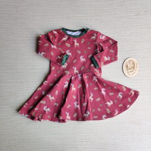 PRE-LOVED; RE-LOVED Age 2 Long Sleeve Skater Dress EUC Reindeer (cherry)/Khaki with poppered neckline