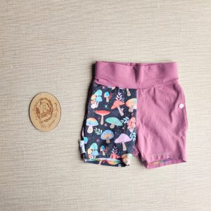PRE-LOVED; RE-LOVED Age 1 Jogger Shorts EUC Magical Mushrooms/Mauve split legs with poppered pockets