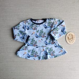 PRE-LOVED; RE-LOVED Age 2 Long Sleeved Peplum T Shirt EUC Animal Earth/Denim with Poppered Neckline
