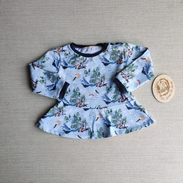 PRE-LOVED; RE-LOVED Age 2 Long Sleeved Peplum T Shirt EUC Animal Earth/Denim with Poppered Neckline
