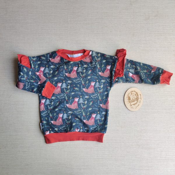 PRE-LOVED; RE-LOVED Age 2 French Terry Sweater EUC Festive Foxes/Rust with Frills