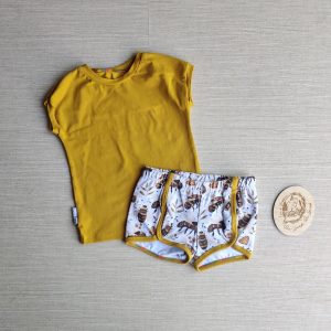 PRE-LOVED; RE-LOVED OUTFIT: Age 1 Dolnman T Shirt & Track Shorts SAMPLE SALE Buzzy Bees/Ochre with Poppered Neckline