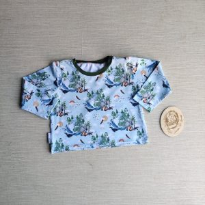 PRE-LOVED; RE-LOVED Age 1 Long Sleeve Boxy T Shirt EUC Animal Earth/Khaki with Poppered Neckline