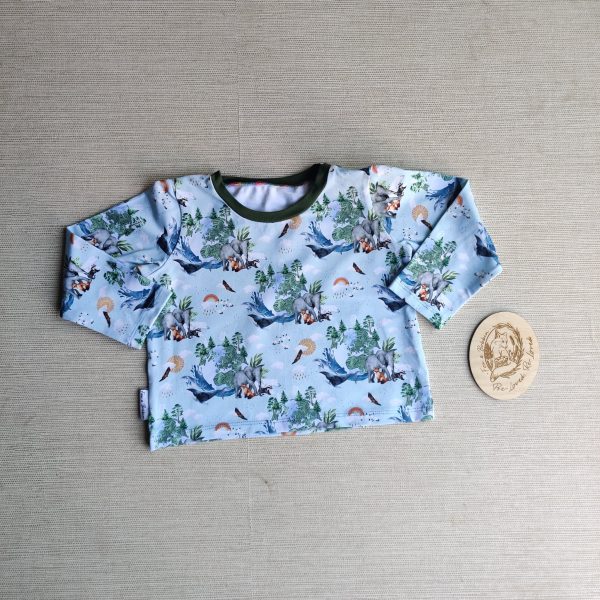 PRE-LOVED; RE-LOVED Age 1 Long Sleeve Boxy T Shirt EUC Animal Earth/Khaki with Poppered Neckline