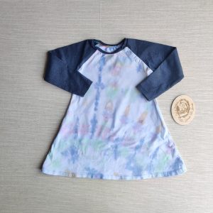 PRE-LOVED; RE-LOVED Age 2 Long Sleeve Raglan Dress GUC Custom Tie Dye/Denim with Poppered Neckline