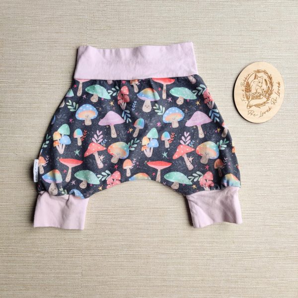 PRE-LOVED RE-Loved Age 6-12m Harem Shorts GUC Magical Mushrooms/Baby Pink