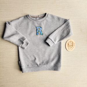 PRE-LOVED; RE-LOVED Age 6 Varsity Waffle Sweater EUC Grey Waffle/Ocean Day "R"