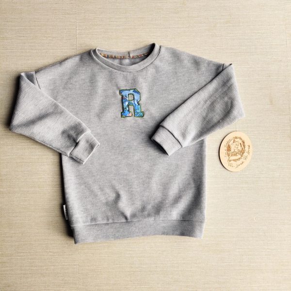 PRE-LOVED; RE-LOVED Age 6 Varsity Waffle Sweater EUC Grey Waffle/Ocean Day "R"