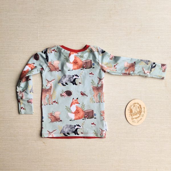 PRE-LOVED; RE-LOVED Age 6-12m GWM Long Sleeved T EUC Woodland Creatures/Wine Red with pocket and poppered neckline - Image 3