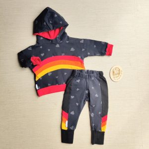 PRE-LOVED; RE-LOVED Age 1 OUTFIT: Rainbow Hoody and Joggers EUC MM Black Hearts/brights