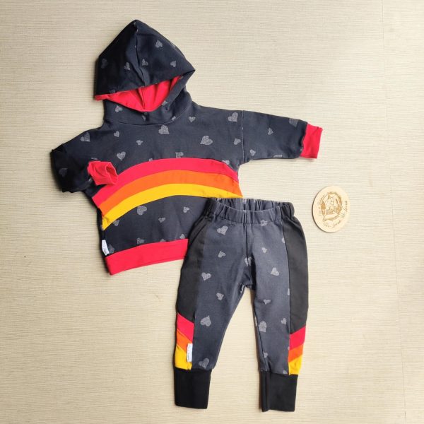 PRE-LOVED; RE-LOVED Age 1 OUTFIT: Rainbow Hoody and Joggers EUC MM Black Hearts/brights