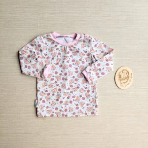 PRE-LOVED; RE-LOVED Age 1 Long Sleeved T Shirt EUC Pink Birthday Cakes/Baby Pink with poppered neckline
