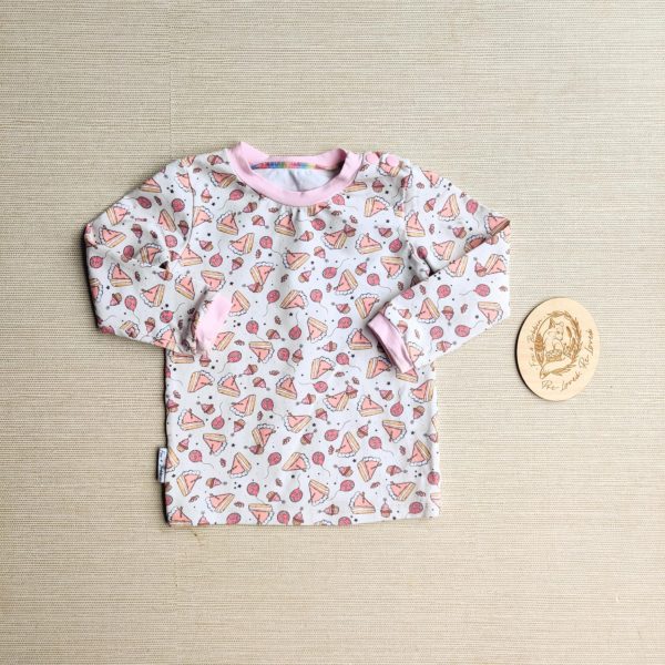 PRE-LOVED; RE-LOVED Age 1 Long Sleeved T Shirt EUC Pink Birthday Cakes/Baby Pink with poppered neckline