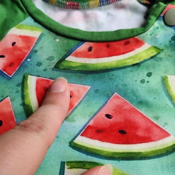 PRE-LOVED; RE-LOVED Age 1 Raglan Dress GUC MM Watermelons/Bright Green with Poppered Neckline - Image 3