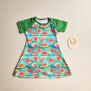 PRE-LOVED; RE-LOVED Age 1 Raglan Dress GUC MM Watermelons/Bright Green with Poppered Neckline