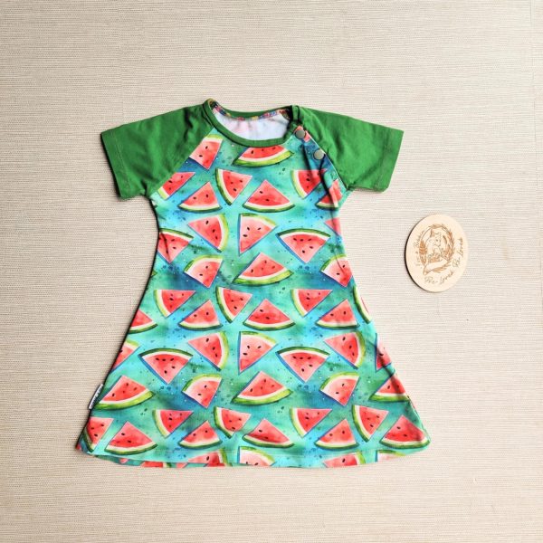 PRE-LOVED; RE-LOVED Age 1 Raglan Dress GUC MM Watermelons/Bright Green with Poppered Neckline