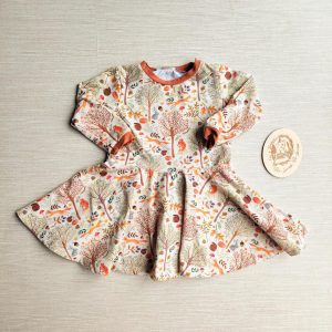 PRE-LOVED; RE-LOVED Age 1 Long Sleeved Skater Dress EUC Woodland Wander/Rust with Poppered Neckline
