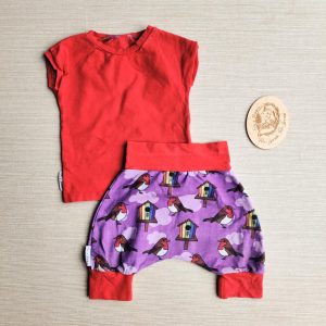 PRE-LOVED; RE-LOVED Age 6-12m OUTFIT: Dolman T and Harem Shorts GUC Home/Red with Poppered Neckline