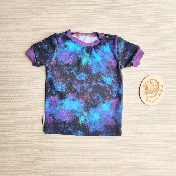 PRE-LOVED; RE-LOVED Age 1 T Shirt GUC Galaxy (SE)/Purple with Poppered Neckline