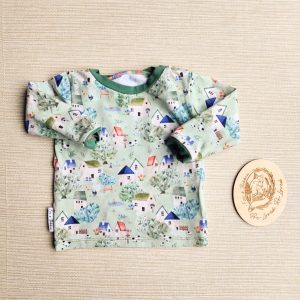 PRE-LOVED; RE-LOVED Age 3-6m Long Sleeve T Shirt EUC MM Cottages/Dusty Green with Poppered Neckline