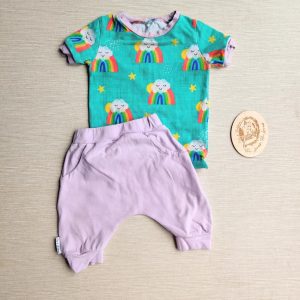 PRE-LOVED; RE-LOVED Age 1 OUTFIT: T shirt and Slim Fit Harem Shorts EUC Every Cloud/Light Lilac