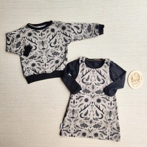 PRE-LOVED; RE-LOVED Age 6-12m OUTFIT (3x Items): Romper Dress, Long Sleeve T and French Terry Sweater EUC Woodlandala/Black