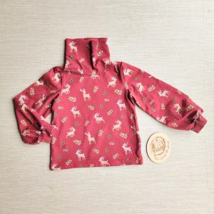 PRE-LOVED; RE-LOVED Age 3 Long Sleeve Turtle Neck Top EUC MM Reindeers (cherry) with bishop sleeves