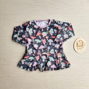 PRE-LOVED; RE-LOVED Age 1 Long Sleeved Peplum T GUC Magical Mushrooms/Light Lilac with Poppered Neckline