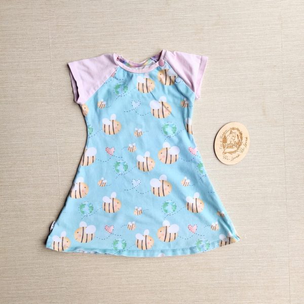 PRE-LOVED; RE-LOVED Age 1 Raglan Dress EUC No Planet Bee/Baby Pink with Poppered Neckline